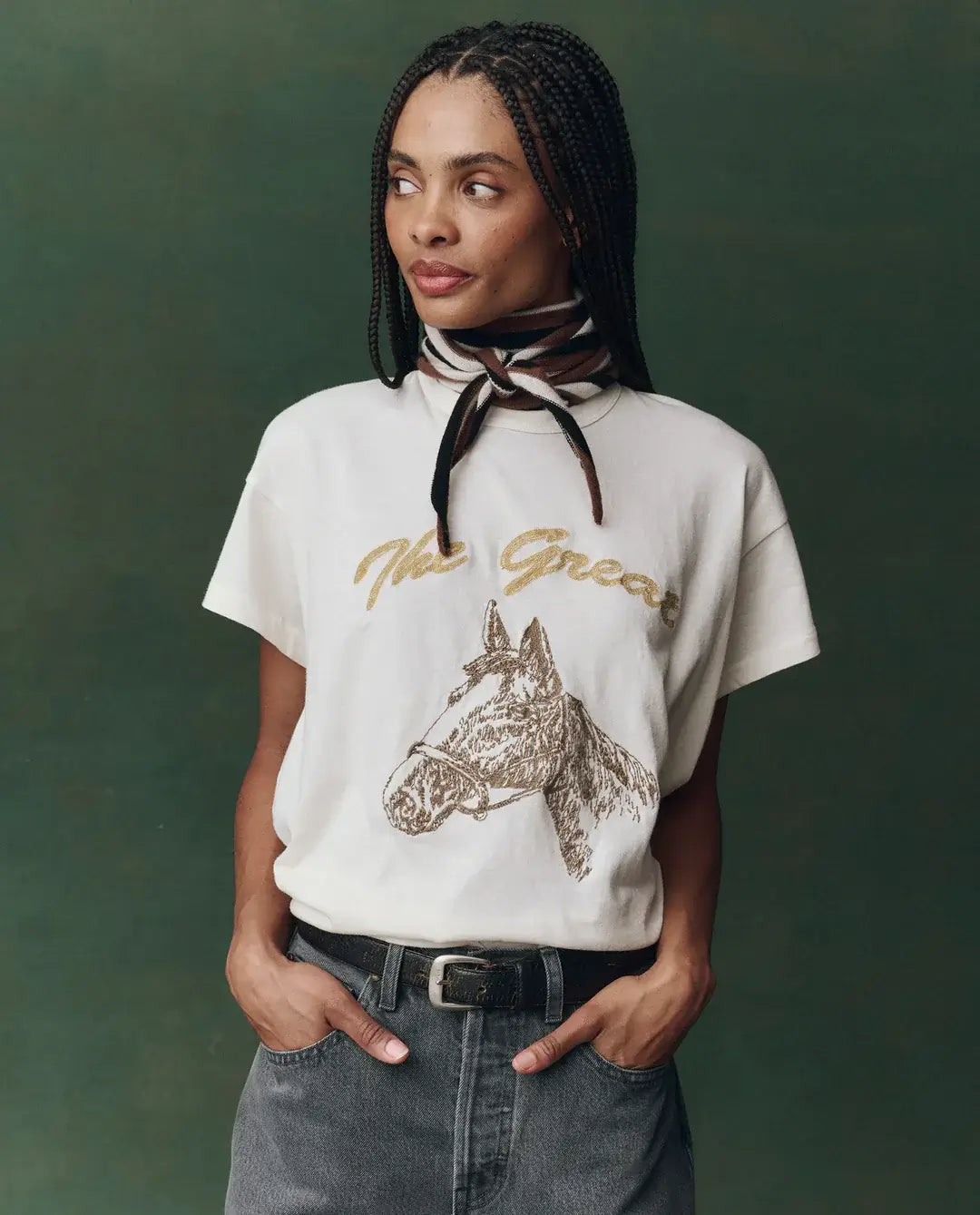 The Great Boxy Crew Embroidered T-Shirt Horse Motif Shirt for Women