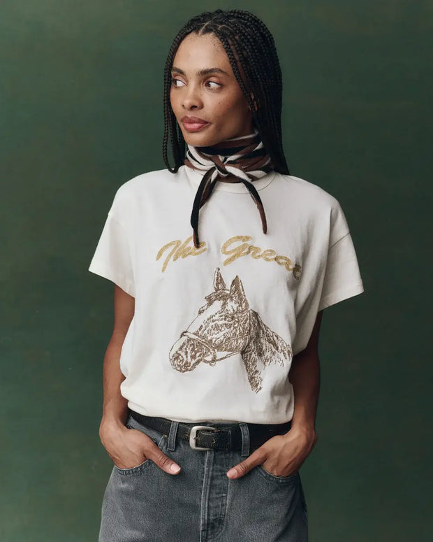 The Great Boxy Crew Embroidered T-Shirt Horse Motif Shirt for Women