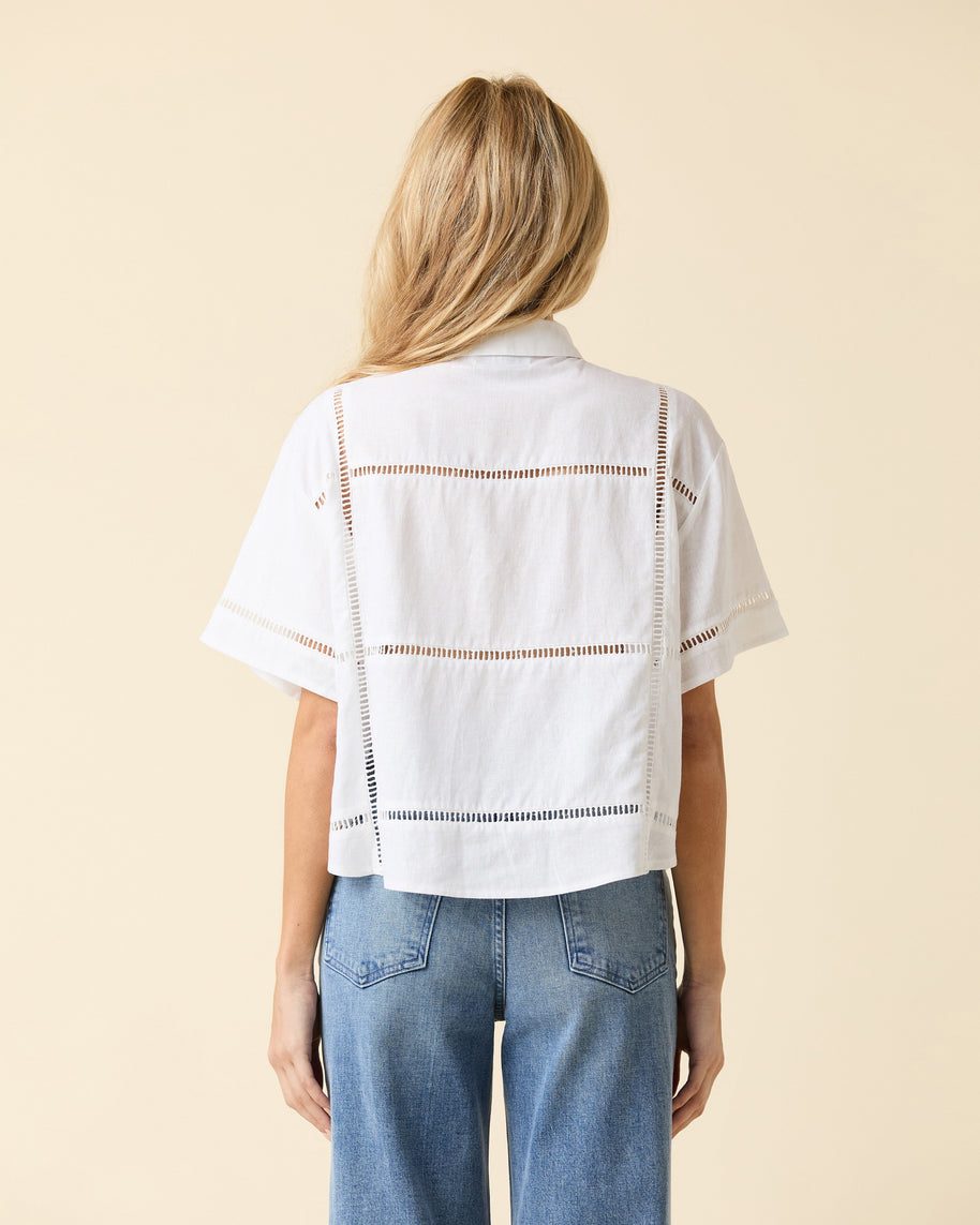 Le Jean Linen Eyelet Shit White Button Down Shirt 
