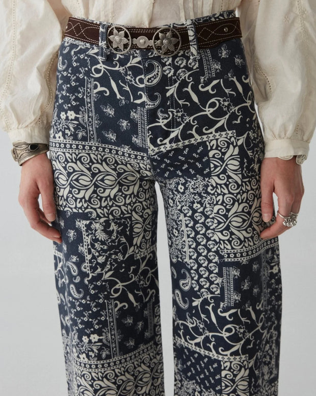 maison hotel twiggy pant in military blue - wide leg bandana print pant - paisley pant - wide leg trouser 